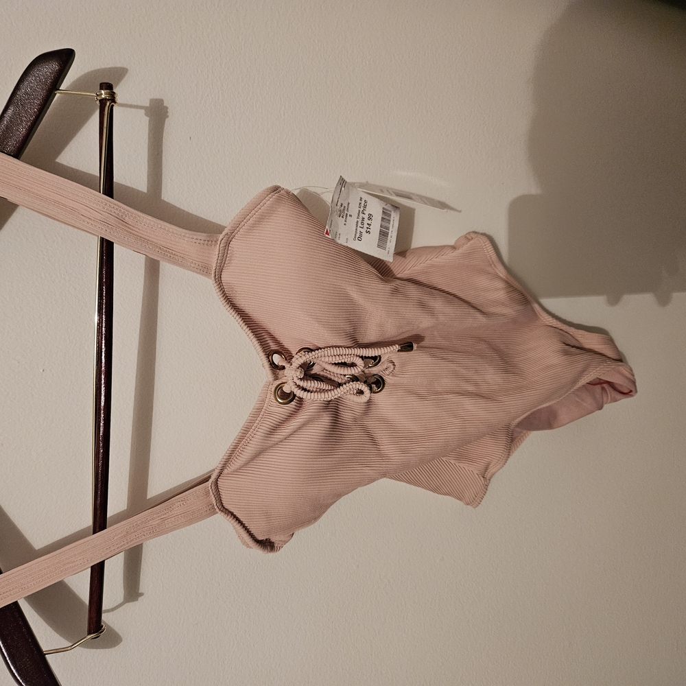 Pink Ribbed Bodysuit/bathing Suit with Lace-Up Detail